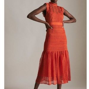 Karen Millen NWT Lace Gadet Insert Maxi Dress Red Orange Size 8